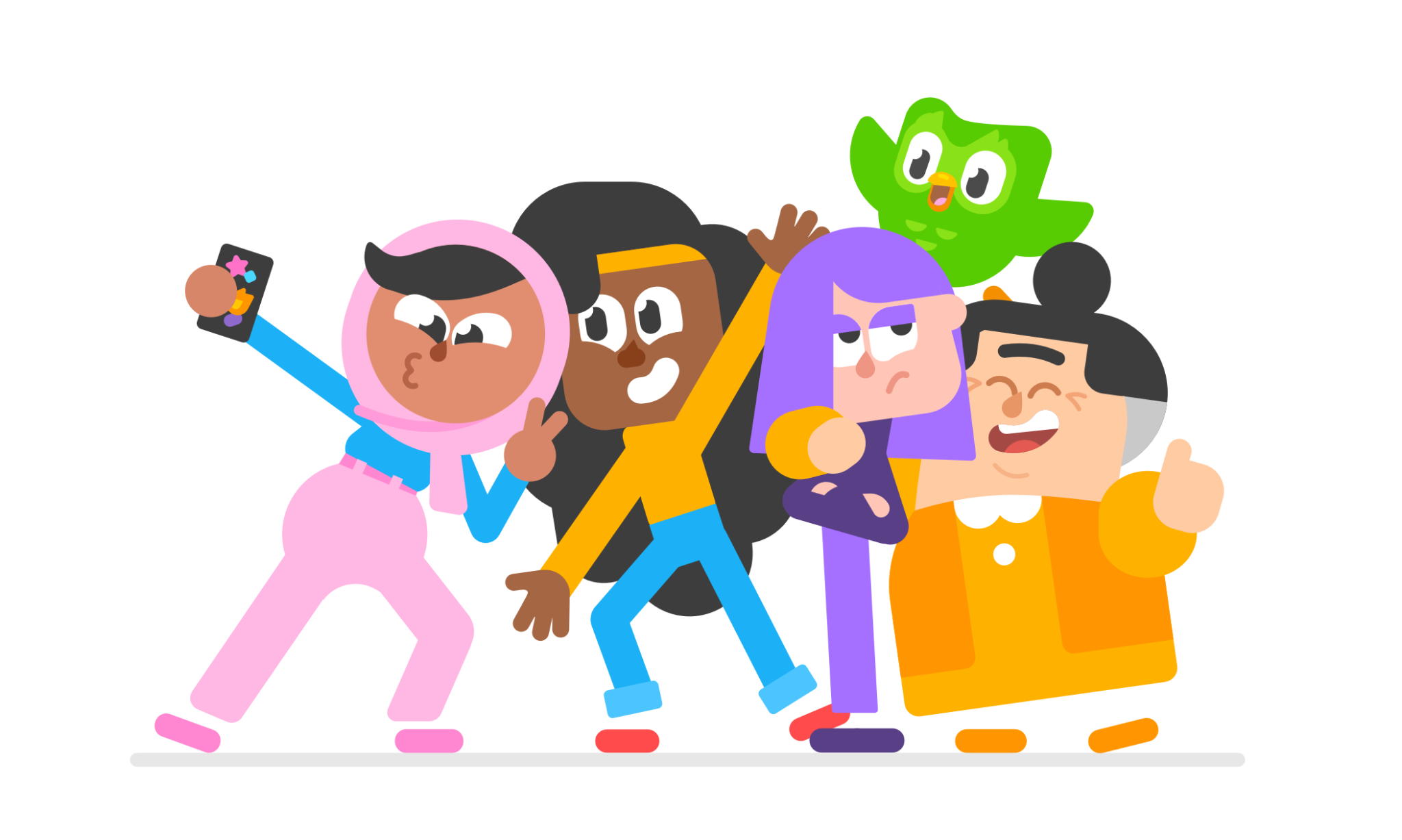 Duolingo characters taking a group photo together