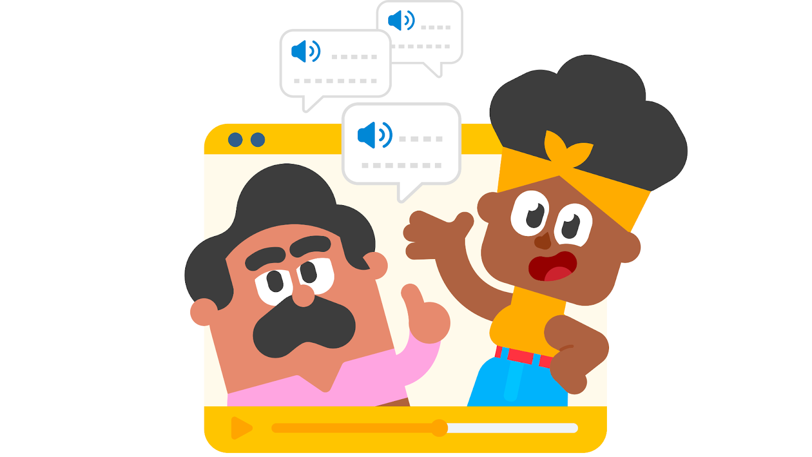 Two Duolingo characters having a lively conversation with speech bubbles