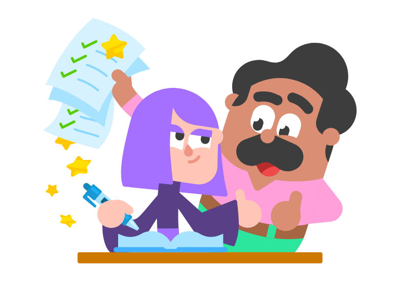 A Duolingo character studying with a mentor, papers flying with checkmarks